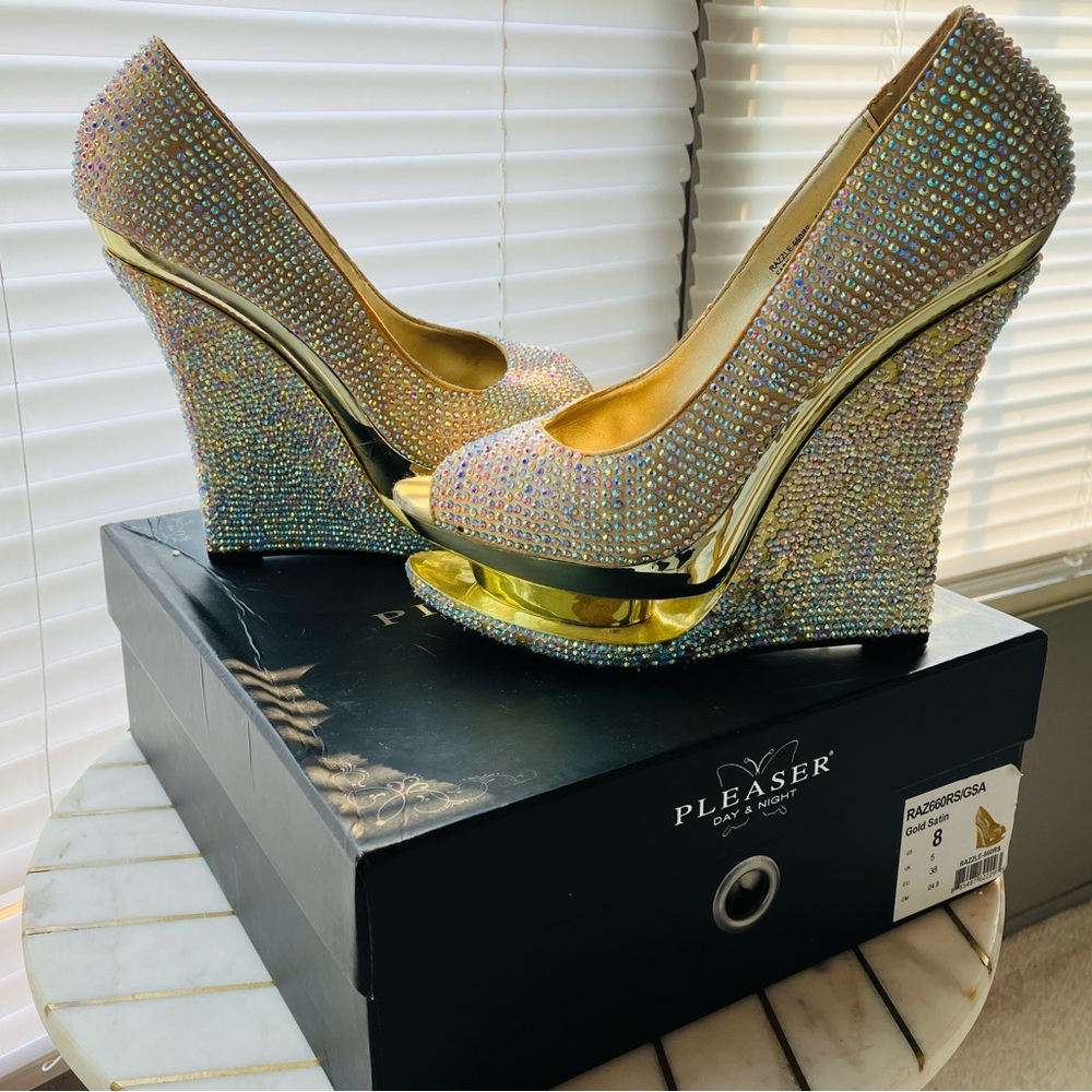 Elegant Gold and Silver Rhinestone Wedge Heels